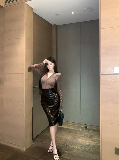 New Tendency 2-Piece Set V Neck Midi Skirt Vogue Long Sleeve Blouse Sheath Leather Slit Long Dress AP3736