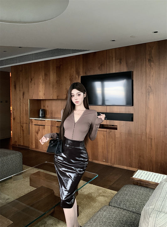 New Tendency 2-Piece Set V Neck Midi Skirt Vogue Long Sleeve Blouse Sheath Leather Slit Long Dress AP3736