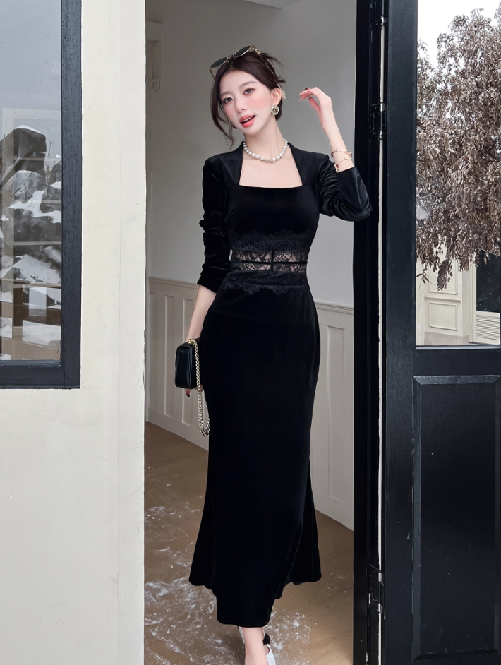 Everyday Wear Square Neck Velvet Black Maxi Dress French-Inspired Long Sleeve Lace Splicing Mermaid Long Dress AP3737