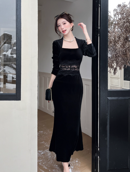 Everyday Wear Square Neck Velvet Black Maxi Dress French-Inspired Long Sleeve Lace Splicing Mermaid Long Dress AP3737
