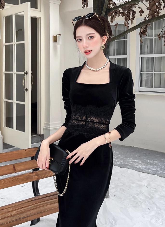 Everyday Wear Square Neck Velvet Black Maxi Dress French-Inspired Long Sleeve Lace Splicing Mermaid Long Dress AP3737