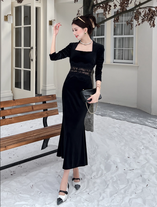 Everyday Wear Square Neck Velvet Black Maxi Dress French-Inspired Long Sleeve Lace Splicing Mermaid Long Dress AP3737
