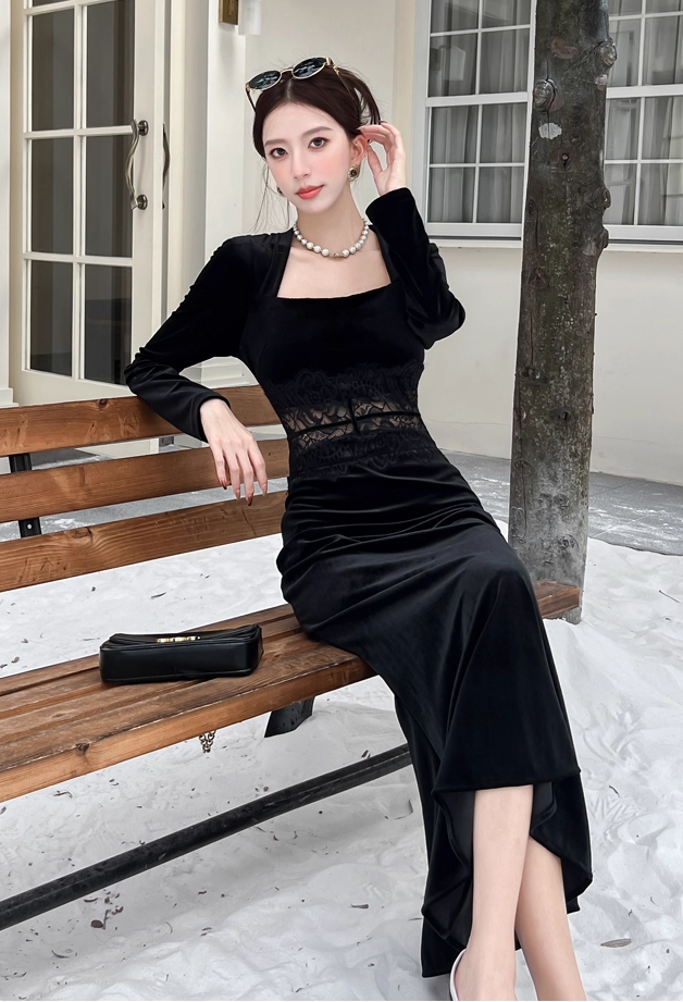 Everyday Wear Square Neck Velvet Black Maxi Dress French-Inspired Long Sleeve Lace Splicing Mermaid Long Dress AP3737