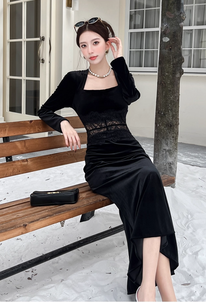 Everyday Wear Square Neck Velvet Black Maxi Dress French-Inspired Long Sleeve Lace Splicing Mermaid Long Dress AP3737