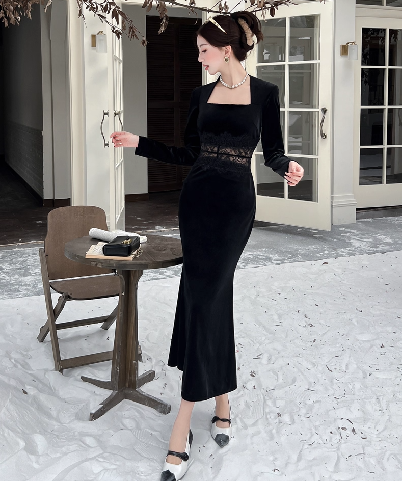 Everyday Wear Square Neck Velvet Black Maxi Dress French-Inspired Long Sleeve Lace Splicing Mermaid Long Dress AP3737