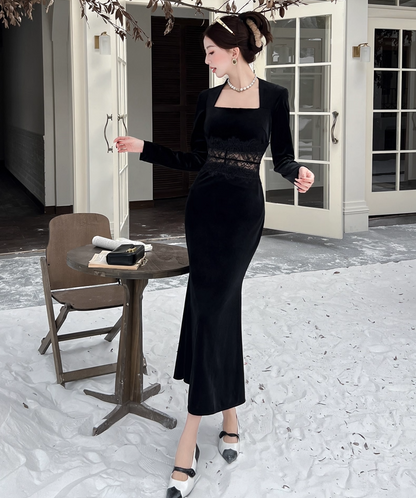 Everyday Wear Square Neck Velvet Black Maxi Dress French-Inspired Long Sleeve Lace Splicing Mermaid Long Dress AP3737