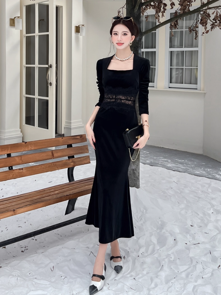 Everyday Wear Square Neck Velvet Black Maxi Dress French-Inspired Long Sleeve Lace Splicing Mermaid Long Dress AP3737