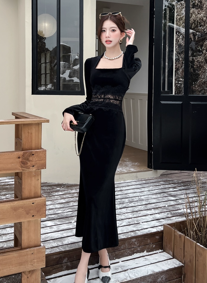Everyday Wear Square Neck Velvet Black Maxi Dress French-Inspired Long Sleeve Lace Splicing Mermaid Long Dress AP3737