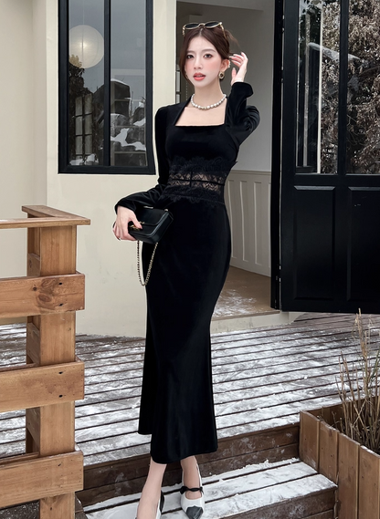 Everyday Wear Square Neck Velvet Black Maxi Dress French-Inspired Long Sleeve Lace Splicing Mermaid Long Dress AP3737