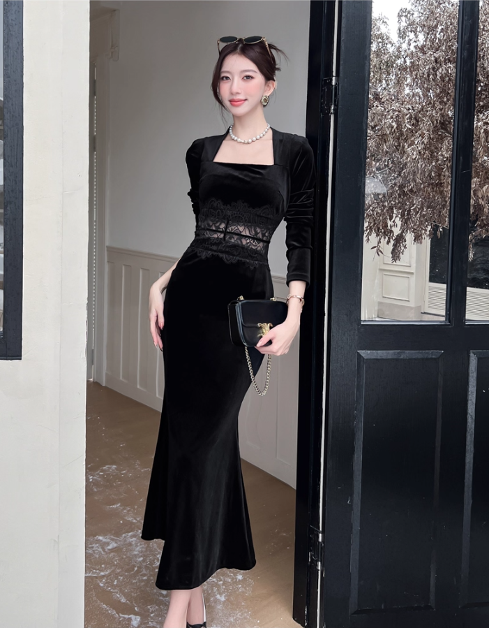 Everyday Wear Square Neck Velvet Black Maxi Dress French-Inspired Long Sleeve Lace Splicing Mermaid Long Dress AP3737