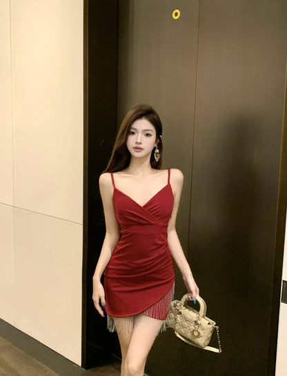 Lovely Red Sheath Parties Outfit Mini Skirt Romantic Tassel Trim Spaghetti Strap Short Dress AP3738