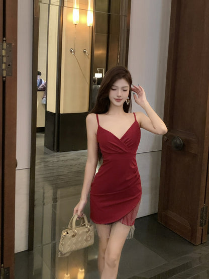 Lovely Red Sheath Parties Outfit Mini Skirt Romantic Tassel Trim Spaghetti Strap Short Dress AP3738
