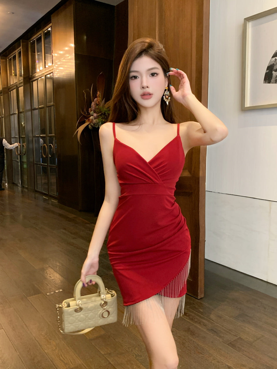 Lovely Red Sheath Parties Outfit Mini Skirt Romantic Tassel Trim Spaghetti Strap Short Dress AP3738