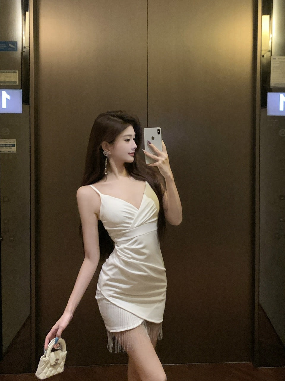 Beautiful Spaghetti Strap Tassel Trim White Mini Skirt Glam Parties Outfit Sheath Short Dress AP3740