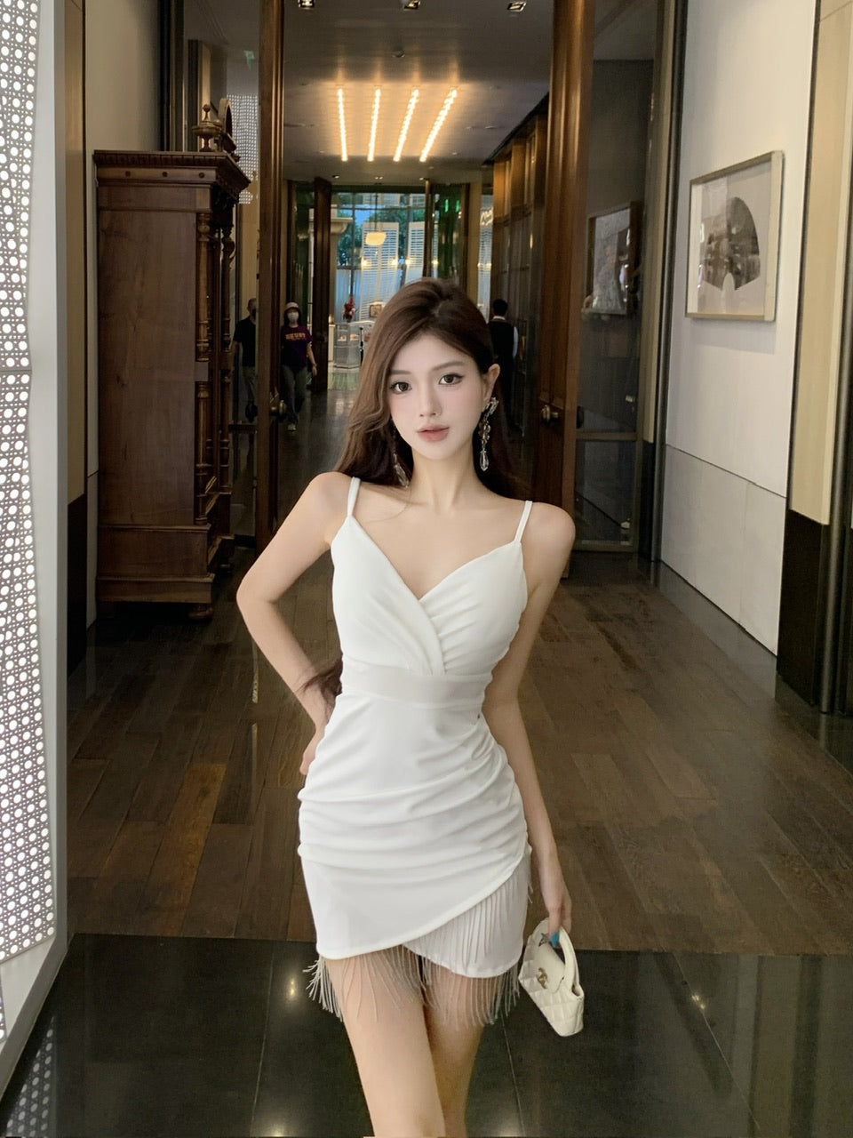 Beautiful Spaghetti Strap Tassel Trim White Mini Skirt Glam Parties Outfit Sheath Short Dress AP3740