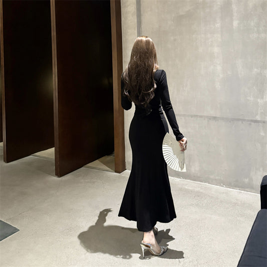 Enchanting Black Cutout High-Slit Maxi Dress Romantic Long Sleeve High Collar Mermaid Long Dress AP3741