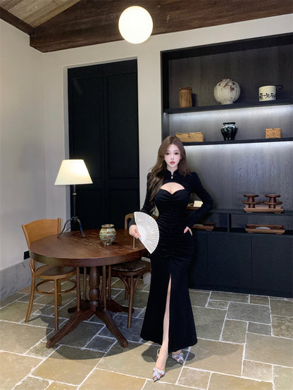 Enchanting Black Cutout High-Slit Maxi Dress Romantic Long Sleeve High Collar Mermaid Long Dress AP3741