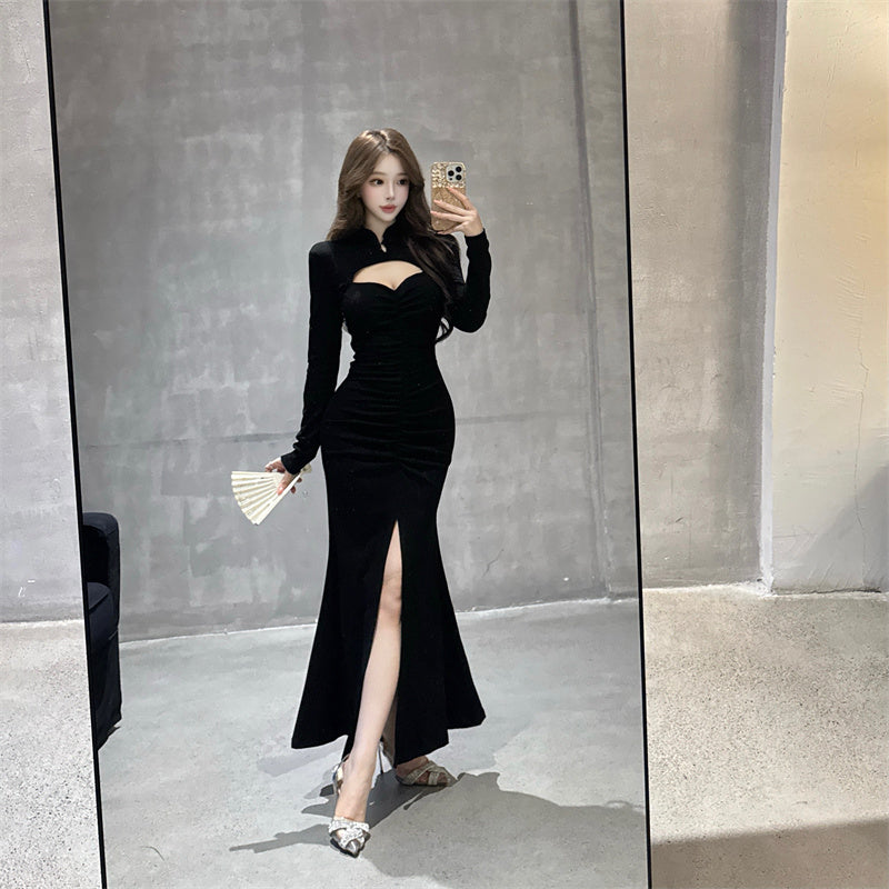Enchanting Black Cutout High-Slit Maxi Dress Romantic Long Sleeve High Collar Mermaid Long Dress AP3741