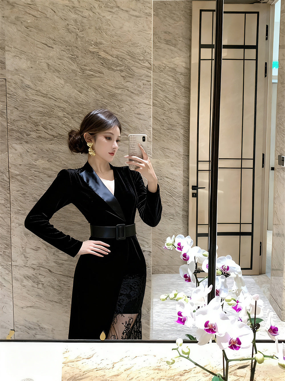 Superb Lace Trim V Neck Cinched-Waist Midi Skirt Graceful Long Sleeve Sheath Long Dress AP3742