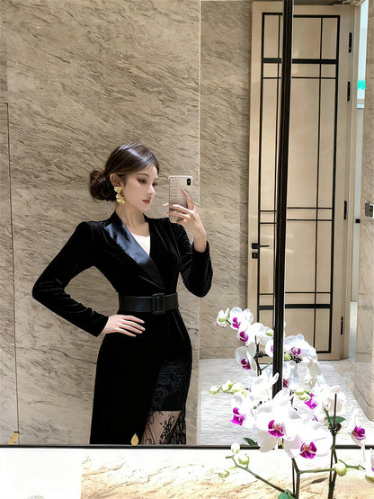 Superb Lace Trim V Neck Cinched-Waist Midi Skirt Graceful Long Sleeve Sheath Long Dress AP3742