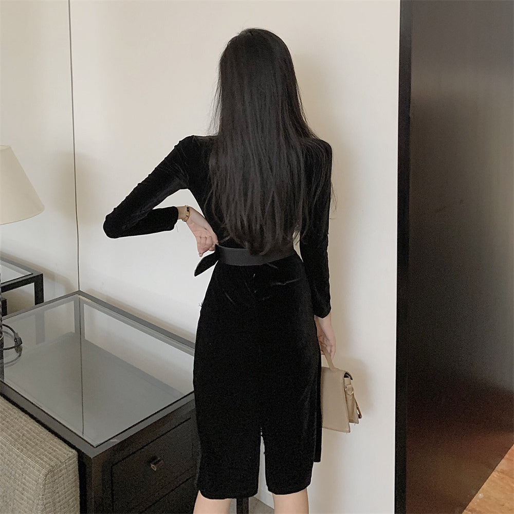 Superb Lace Trim V Neck Cinched-Waist Midi Skirt Graceful Long Sleeve Sheath Long Dress AP3742