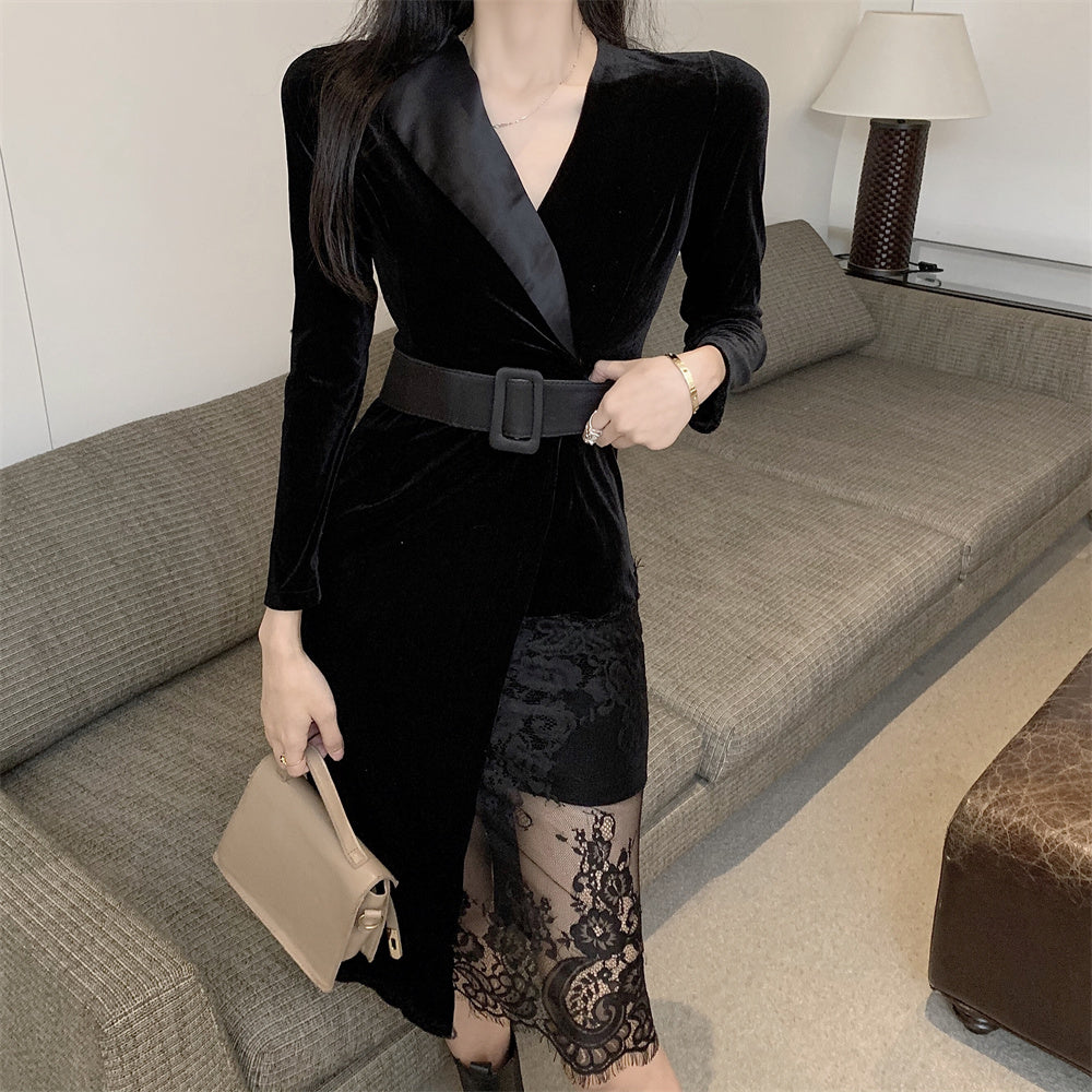 Superb Lace Trim V Neck Cinched-Waist Midi Skirt Graceful Long Sleeve Sheath Long Dress AP3742