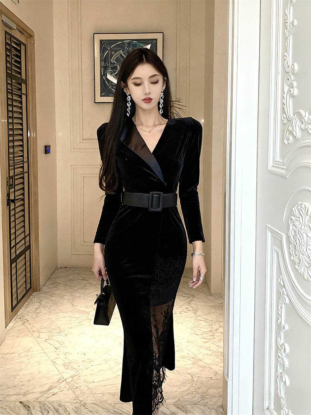 Superb Lace Trim V Neck Cinched-Waist Midi Skirt Graceful Long Sleeve Sheath Long Dress AP3742