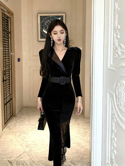 Superb Lace Trim V Neck Cinched-Waist Midi Skirt Graceful Long Sleeve Sheath Long Dress AP3742
