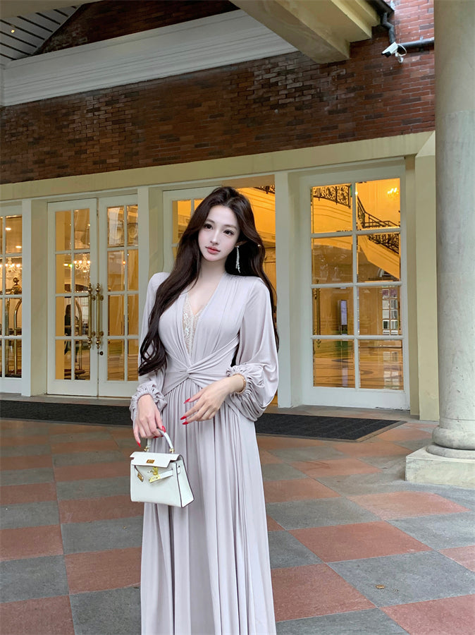 Wonderful V Neck Lace Splicing Maxi Dress Flowy Long Sleeve A-Line Cinched-Waist Long Dress AP3743