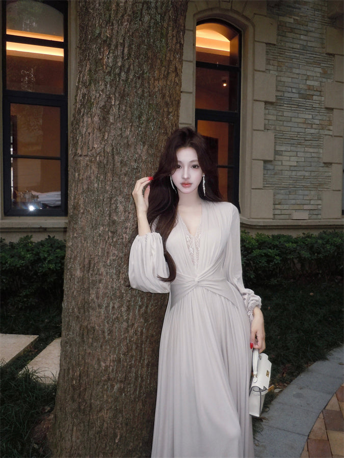 Wonderful V Neck Lace Splicing Maxi Dress Flowy Long Sleeve A-Line Cinched-Waist Long Dress AP3743