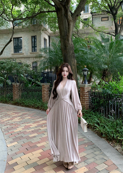 Wonderful V Neck Lace Splicing Maxi Dress Flowy Long Sleeve A-Line Cinched-Waist Long Dress AP3743