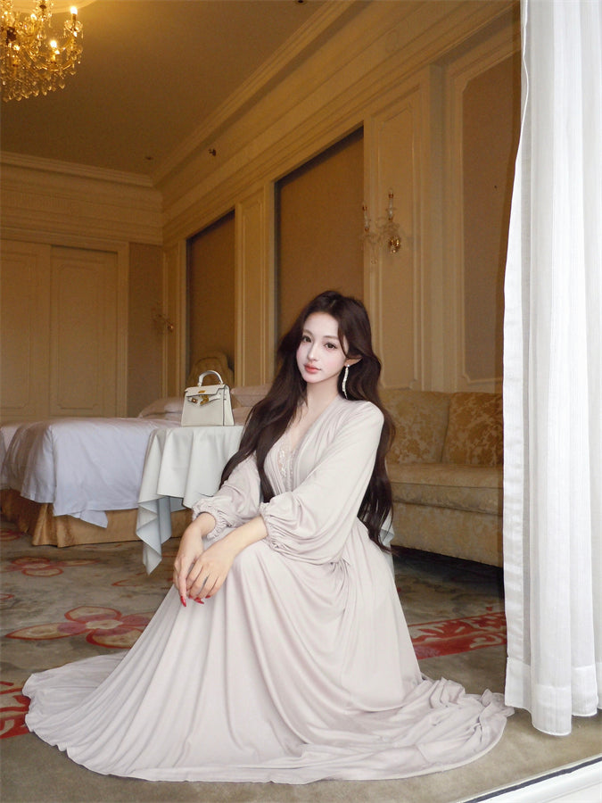 Wonderful V Neck Lace Splicing Maxi Dress Flowy Long Sleeve A-Line Cinched-Waist Long Dress AP3743