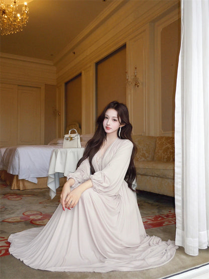 Wonderful V Neck Lace Splicing Maxi Dress Flowy Long Sleeve A-Line Cinched-Waist Long Dress AP3743