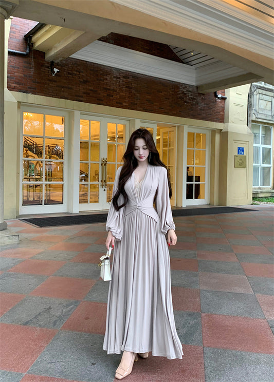 Wonderful V Neck Lace Splicing Maxi Dress Flowy Long Sleeve A-Line Cinched-Waist Long Dress AP3743