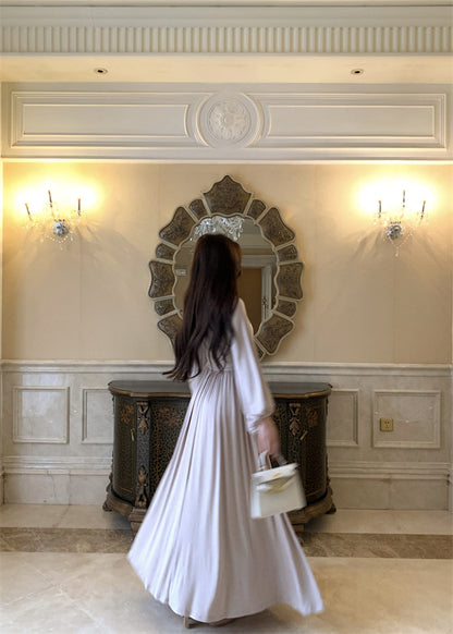 Wonderful V Neck Lace Splicing Maxi Dress Flowy Long Sleeve A-Line Cinched-Waist Long Dress AP3743