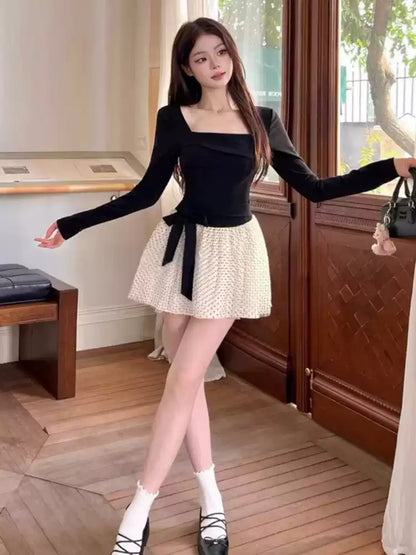 Amazing Black A-Line Bow Mini Skirt Chic Polka Dots Square Neck Long Sleeve Short Dress AP3744