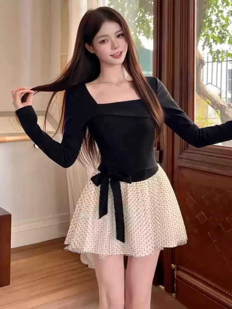 Amazing Black A-Line Bow Mini Skirt Chic Polka Dots Square Neck Long Sleeve Short Dress AP3744