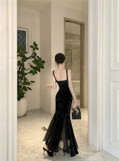 Appealing Spaghetti Strap Black Velvet Maxi Dress Unique Sheer Tulle Splicing Mermaid Long Dress AP3745