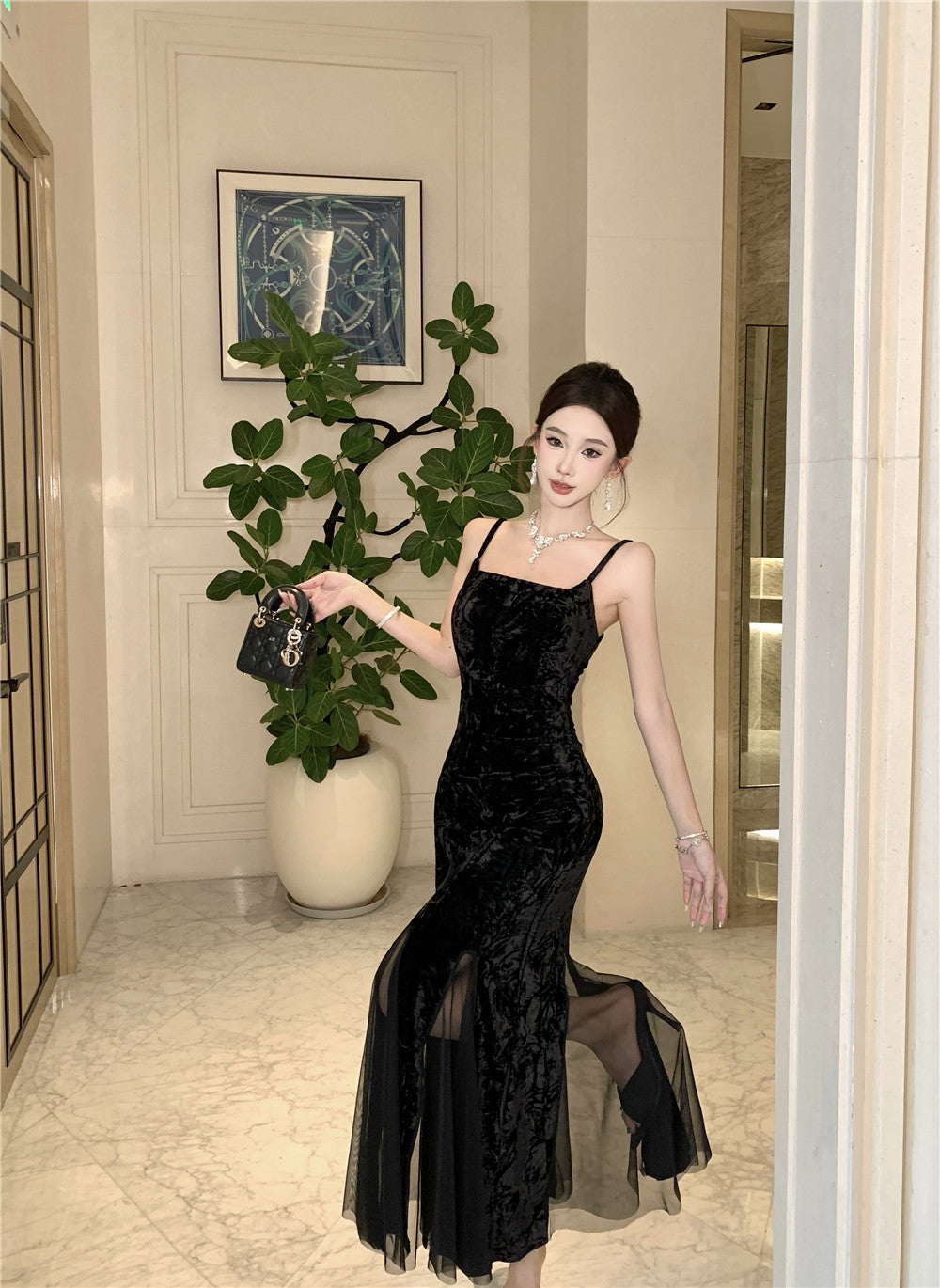 Appealing Spaghetti Strap Black Velvet Maxi Dress Unique Sheer Tulle Splicing Mermaid Long Dress AP3745