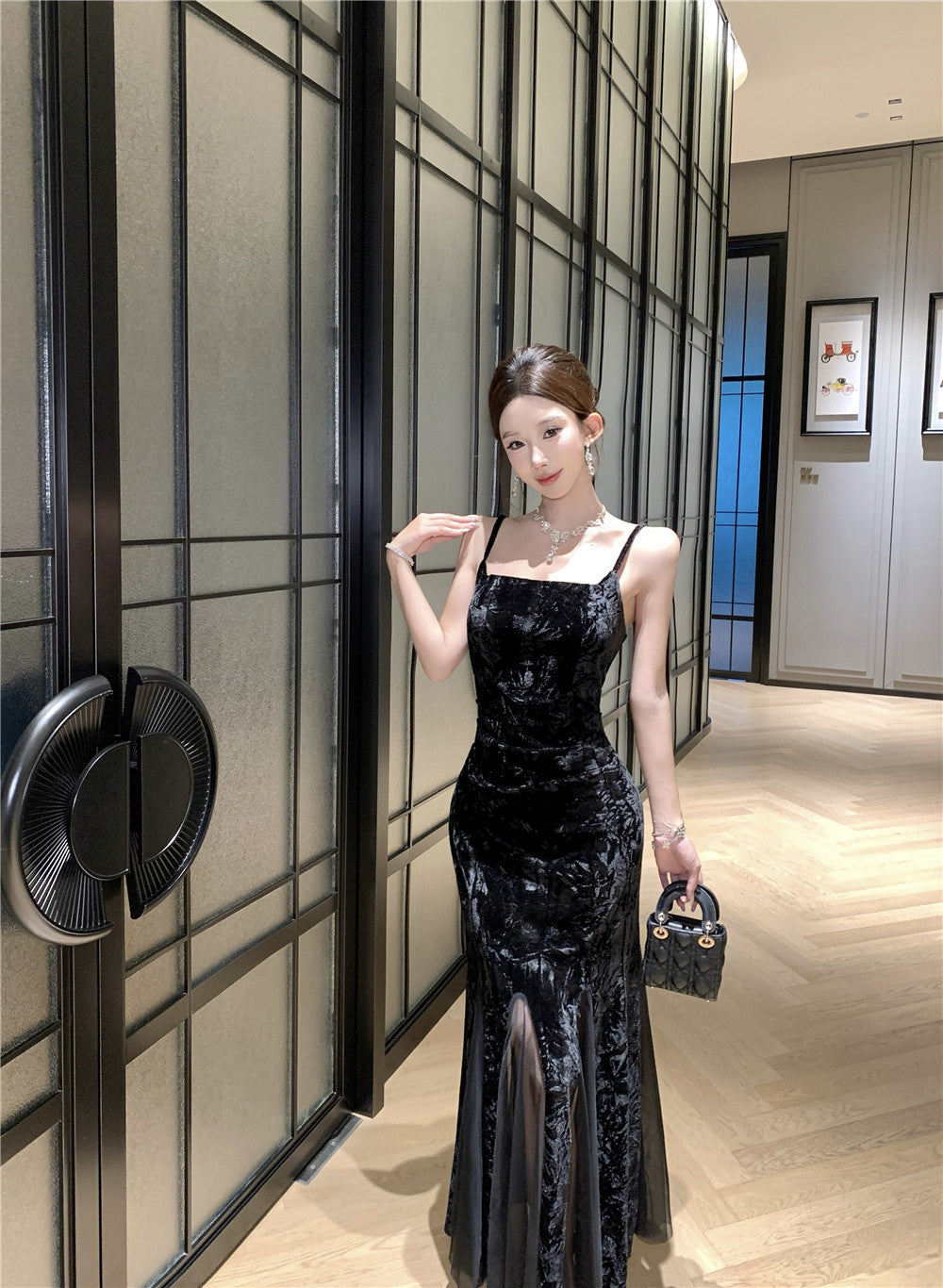 Appealing Spaghetti Strap Black Velvet Maxi Dress Unique Sheer Tulle Splicing Mermaid Long Dress AP3745