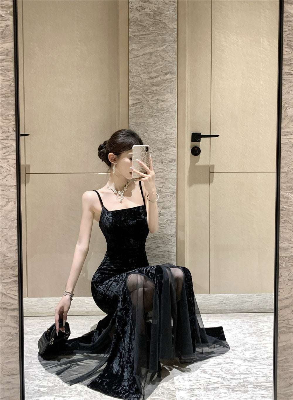 Appealing Spaghetti Strap Black Velvet Maxi Dress Unique Sheer Tulle Splicing Mermaid Long Dress AP3745