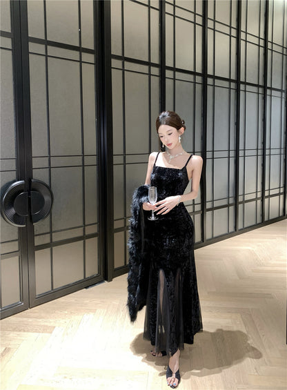 Appealing Spaghetti Strap Black Velvet Maxi Dress Unique Sheer Tulle Splicing Mermaid Long Dress AP3745