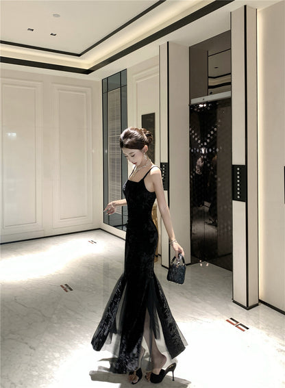 Appealing Spaghetti Strap Black Velvet Maxi Dress Unique Sheer Tulle Splicing Mermaid Long Dress AP3745