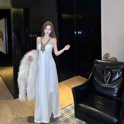Fascinating A-Line White Evening Maxi Dress Graceful Crystals Accent Halter Long Dress AP3746
