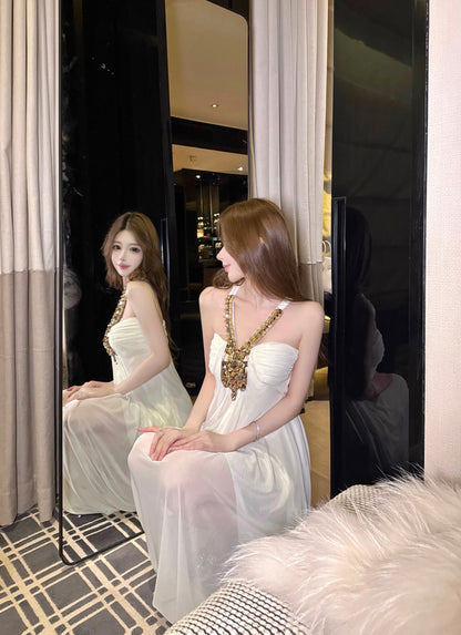 Fascinating A-Line White Evening Maxi Dress Graceful Crystals Accent Halter Long Dress AP3746