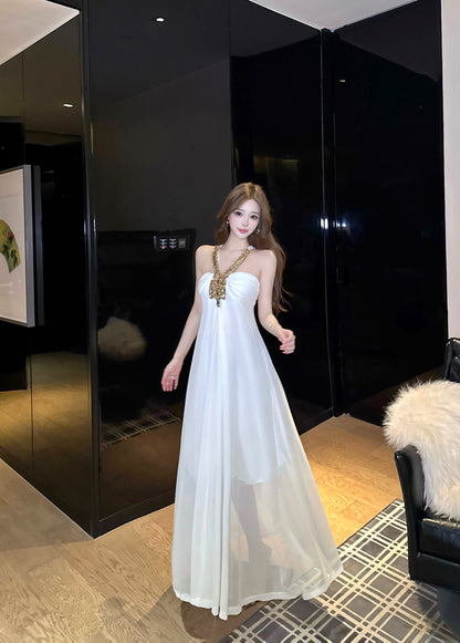 Fascinating A-Line White Evening Maxi Dress Graceful Crystals Accent Halter Long Dress AP3746