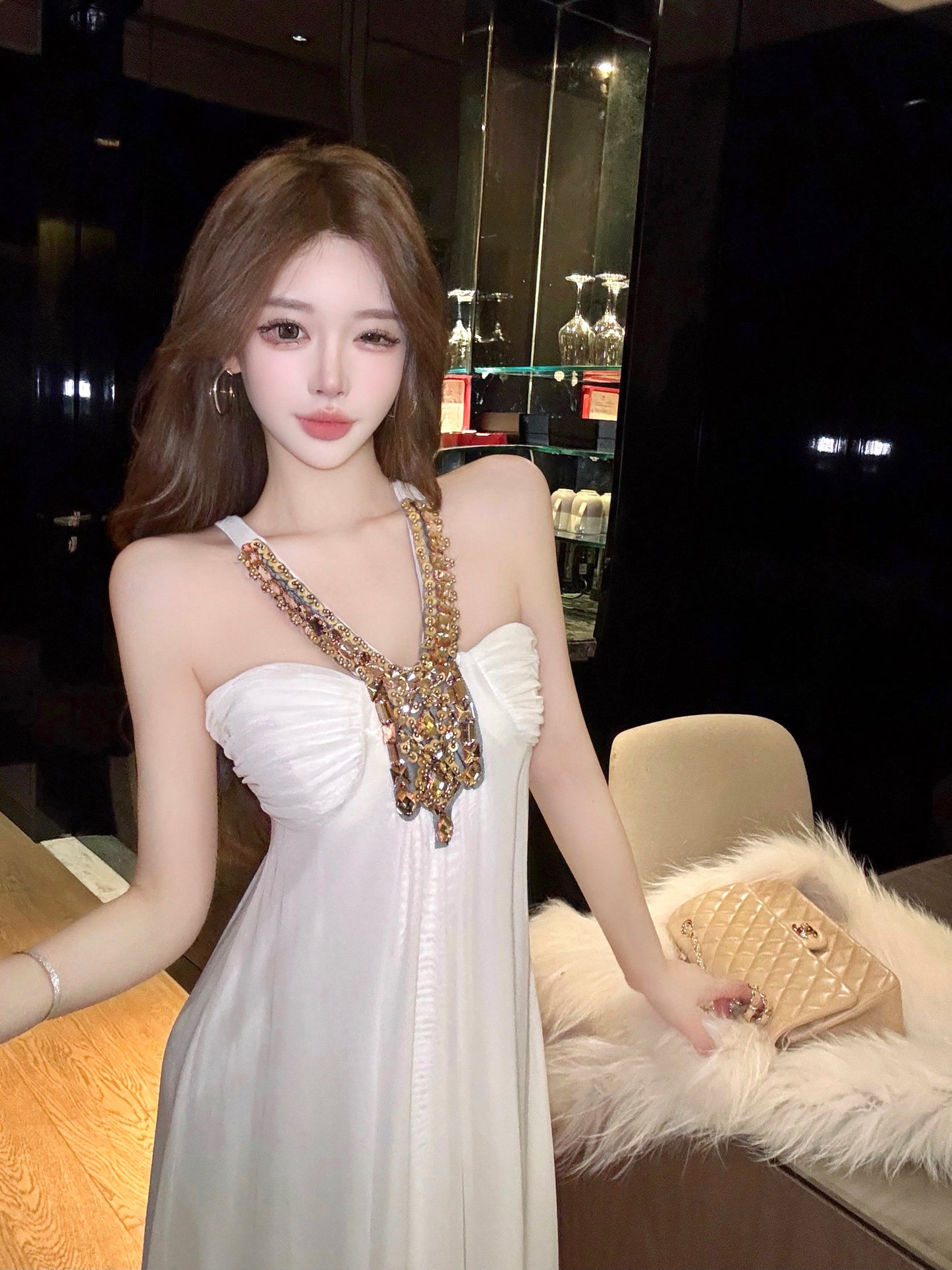 Fascinating A-Line White Evening Maxi Dress Graceful Crystals Accent Halter Long Dress AP3746