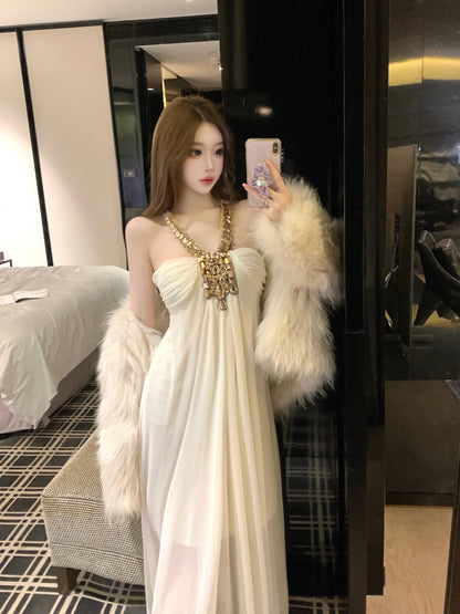 Fascinating A-Line White Evening Maxi Dress Graceful Crystals Accent Halter Long Dress AP3746