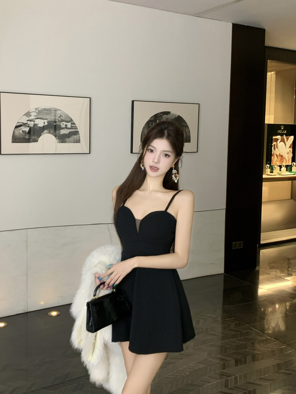 Splendid Black A-Line Party Outfit Mini Skirt Glam Spaghetti Strap Cinched-Waist Short Dress AP3747