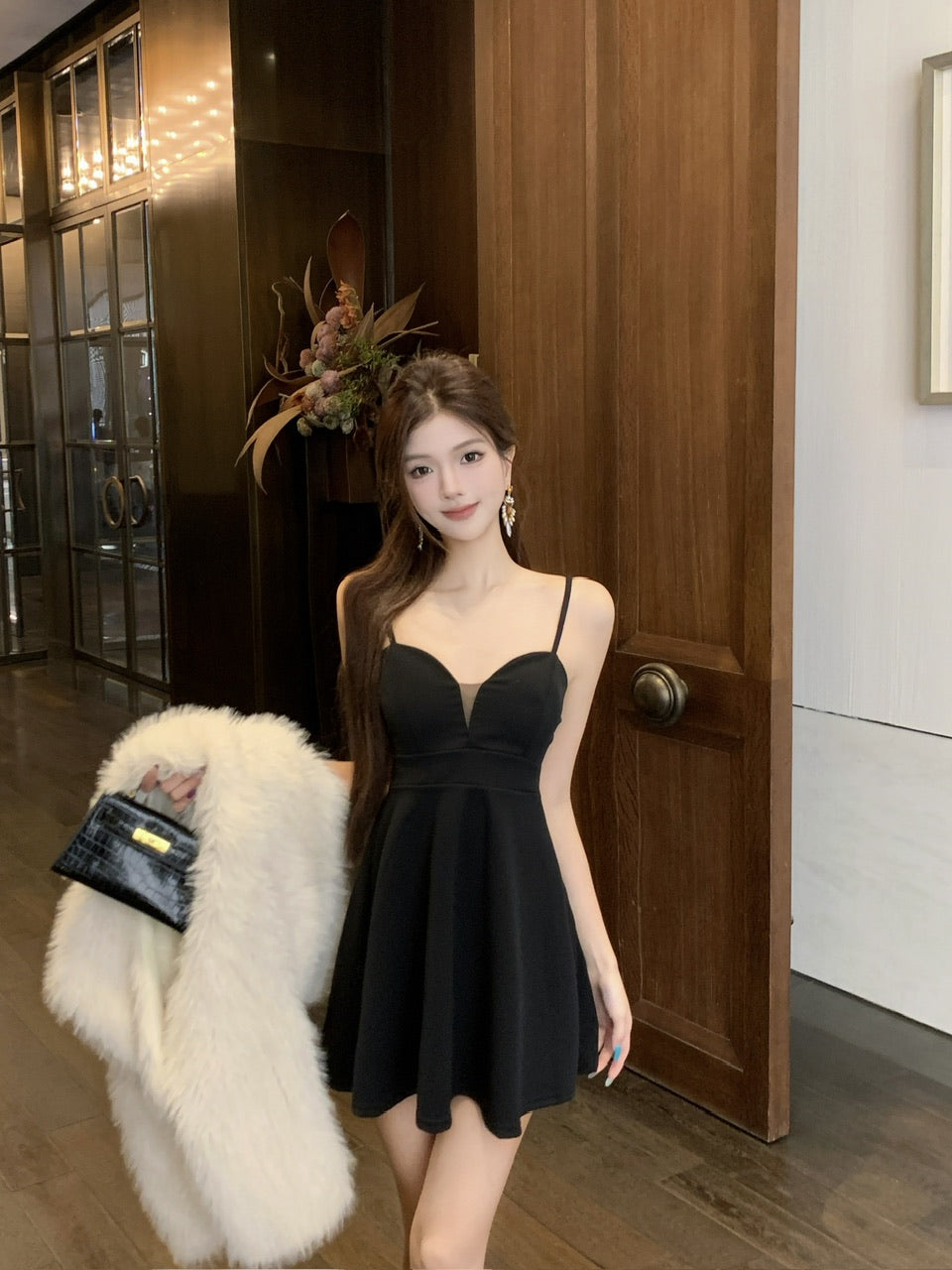 Splendid Black A-Line Party Outfit Mini Skirt Glam Spaghetti Strap Cinched-Waist Short Dress AP3747